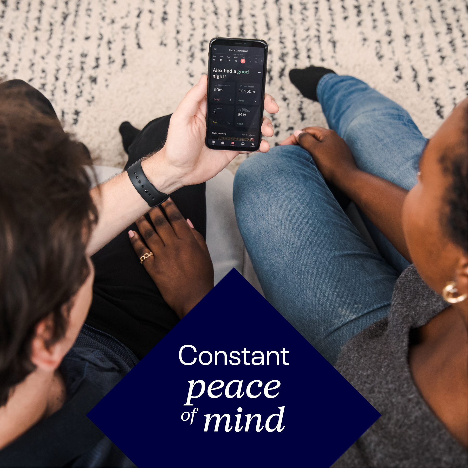 parents looking at nanit app showing dahsboard screen. Text showing "constant peace of mind"