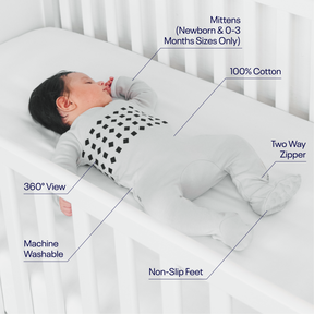 baby sleeping in gray pajamas - 360 degree view on pattern, machine washable, non-slipt feet, two-way zipper, 100% cotton